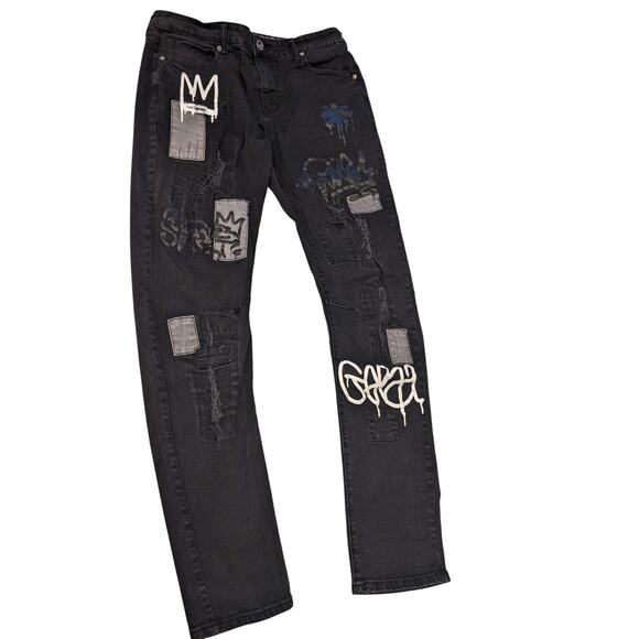 Rutherford Skinny Fit Jeans Mens 34 Distressed Graffiti Patches Streetwear Bold - Picture 12 of 12